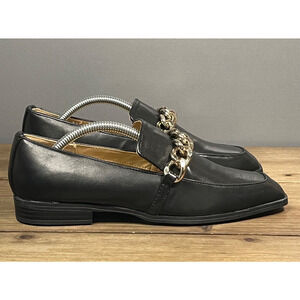 Nine West Women's Ollitas Loafers Size 5.5 Black Faux Leather Chain Square Toe